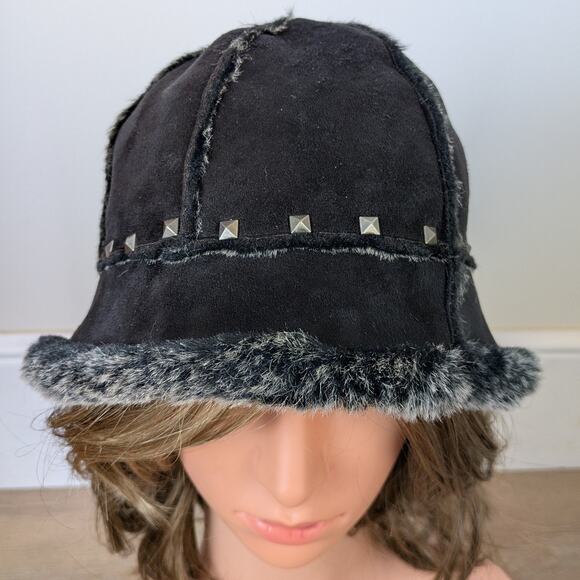 Cejon Bucket Hat Black Faux Suede Fur Studded Winter Warm Cozy Indie Edgy Y2K - Picture 2 of 13